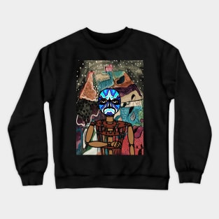 covid19: Enigmatic Puppet NFT with a Chinese Mask and Painted Eyes in a Mystery Night Background Crewneck Sweatshirt